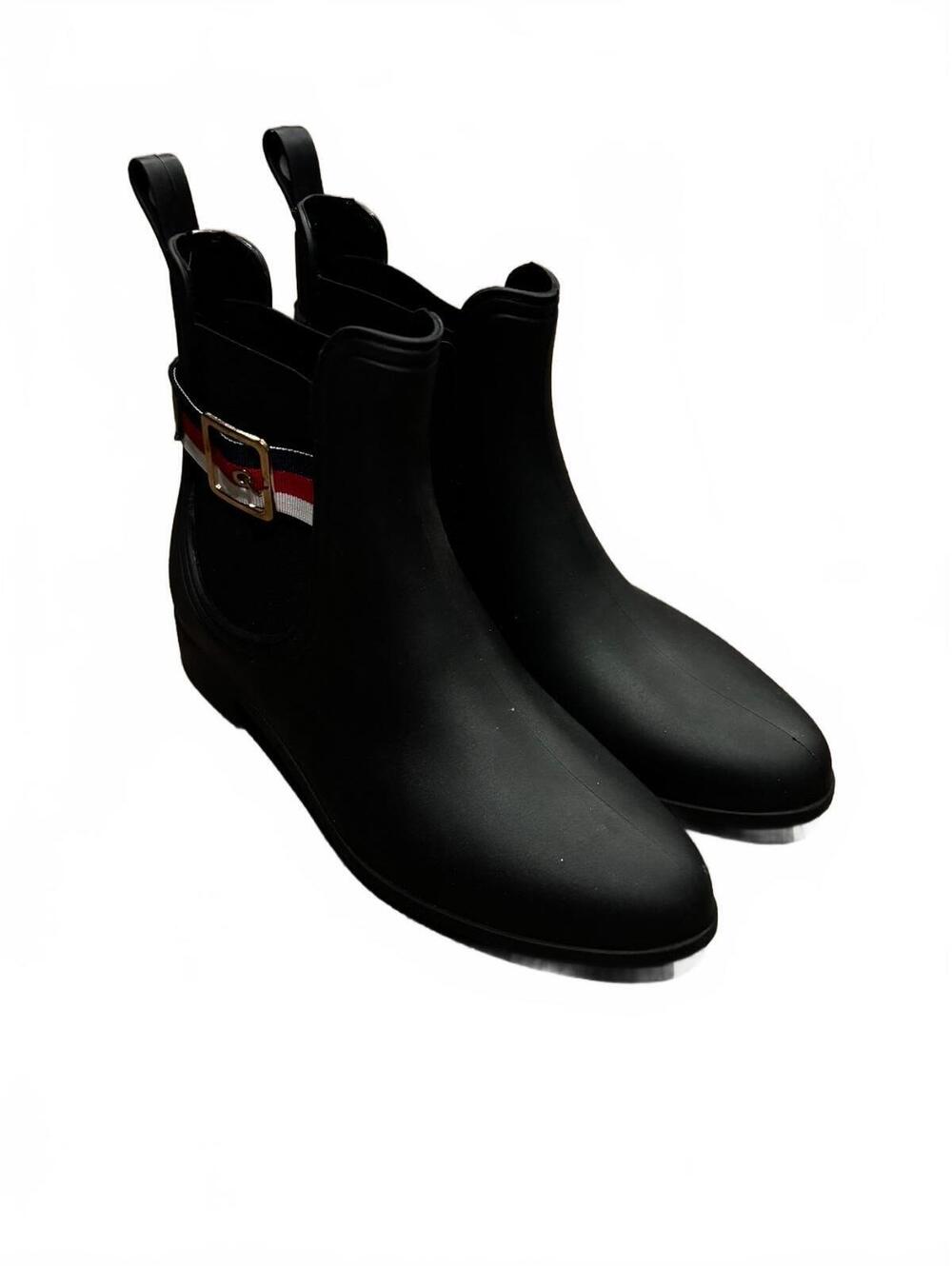 Ferrera Couture Black Chelsea Rain Boots with Buckle Detail